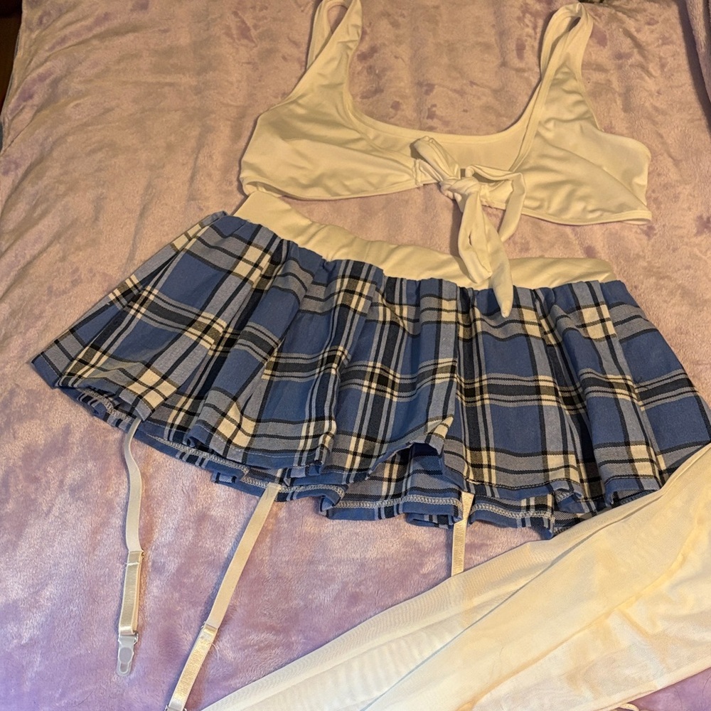 SHEIN White and Blue Plaid Lingerie Set